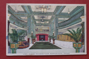 Postcard PC Chicago IL Illinois 1928 Morrison Hotel Lobby Mezzanine Floor Art Deco architecture USA US United States